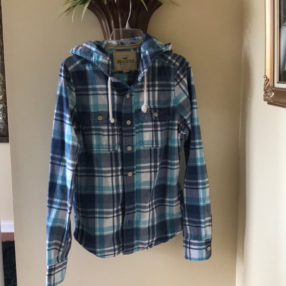 Blue plaid button up with hood